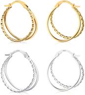 👂 uhibros 2 pairs earrings sets for women, 14k gold plated twisted hoop earrings with sterling silver hypoallergenic posts, silver and gold hoop earrings for girls fashion jewelry logo