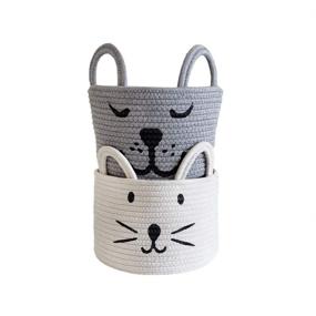 img 4 attached to 🧺 Set of 2 Small Woven Cotton Rope Storage Baskets with Handles - Cute and Convenient Baby Nursery Toy Organizer Bin - Ideal Pet Gift Basket for Cats and Dogs - Size: 10 x 10 x 7 Inch