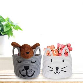 img 1 attached to 🧺 Set of 2 Small Woven Cotton Rope Storage Baskets with Handles - Cute and Convenient Baby Nursery Toy Organizer Bin - Ideal Pet Gift Basket for Cats and Dogs - Size: 10 x 10 x 7 Inch