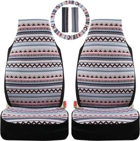 img 4 attached to 🚗 5-Piece Pink Boho Universal Fit Front Seat Covers with Steering Wheel Cover and Seat Belt Pads, Multi-Pattern Bohemian Seat Protectors for Sedans, SUVs, Vans, and Trucks