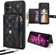 📱 lameeku iphone 12 pro/12 wallet case: quilted pu leather card holder with crossbody strap - 6.1'' black logo