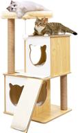 q-hillstar modern cat tree: stylish multi-level tower with condo, scratching posts, dangling balls, removable mats - perfect wooden furniture for kittens and cats logo