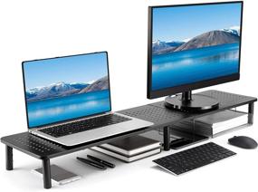 img 1 attached to Husky Mounts Large Dual Monitor Stand Riser with Adjustable Legs - 39" x 9.25" x 5.5" Maximum Height - Stylish Matte Black Steel Design