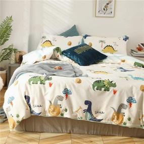 img 1 attached to 🦕 EAVD Cute Dinosaur Duvet Cover Queen - 100% Cotton Dino Bedding, Beige Reversible Pattern - Kids Dinosaur Bedding for Boys and Girls - Comforter Set with 2 Pillowcases and Zipper Closure