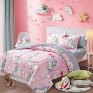 🦄 unicorn pink bed in a bag: 6-piece twin size comforter set for kids girls - reversible comforter, pillow shams, sheet set, pillowcases logo