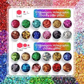 img 3 attached to 🌈 Premium 24-Color Holographic Chunky Fine Glitter Powder Blend for Epoxy Resin, Hexagon-shaped Iridescent Sequins Nail Art Decoration, Sparkling Flakes for Craft Tumblers, Slime, Body, Face, Hair, and Eye Cosmetics, Perfect for Festival Makeup