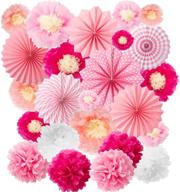 🎉 24-piece party hanging set: 12 tissue paper flower decorations + 6 pink paper fan garlands + 6 paper pom ball craft kit for birthday, baby shower, festival decor logo