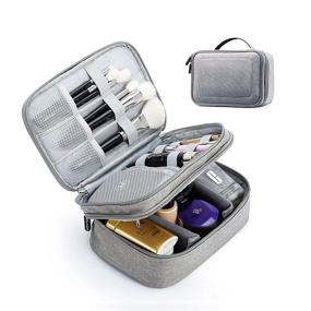 img 4 attached to 👜 Rownyeon Waterproof Travel Makeup Bag - Portable Cosmetic Train Case Organizer with Adjustable Dividers for Cosmetics, Makeup Brushes, Toiletries, Jewelry, and Digital Accessories - Small (Grey)