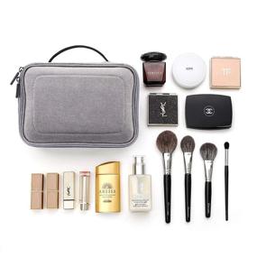 img 3 attached to 👜 Rownyeon Waterproof Travel Makeup Bag - Portable Cosmetic Train Case Organizer with Adjustable Dividers for Cosmetics, Makeup Brushes, Toiletries, Jewelry, and Digital Accessories - Small (Grey)