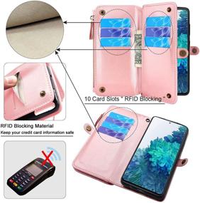 img 3 attached to Lacass [Cards Theft Scan Protection] 10 Card Slots Holder Zipper Pocket Wallet Case Flip Leather Cover With Wrist Strap Magnetic Closure Stand For Samsung Galaxy S20 FE 5G(Floral Rose Gold)