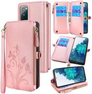 lacass [cards theft scan protection] 10 card slots holder zipper pocket wallet case flip leather cover with wrist strap magnetic closure stand for samsung galaxy s20 fe 5g(floral rose gold) logo