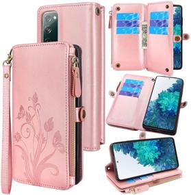 img 4 attached to Lacass [Cards Theft Scan Protection] 10 Card Slots Holder Zipper Pocket Wallet Case Flip Leather Cover With Wrist Strap Magnetic Closure Stand For Samsung Galaxy S20 FE 5G(Floral Rose Gold)