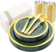 🍽️ liacere 175pcs green and gold plastic plates &amp; gold plastic silverware combo - disposable set of gold plastic plates, 50 plates, 25 knives, 25 forks, 25 spoons, 25 cups, 25 napkins for christmas logo