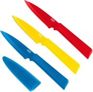 🔪 kuhn rikon colori+ non-stick paring knives set - straight and serrated blades with safety sheaths, 3-piece in red, yellow and blue logo