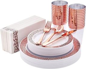 img 4 attached to HAPYCITY 24 Guests Rose Gold Plastic Plates with Disposable Dinnerware 168 Pcs: The Perfect Party Essential for an Impressive Valentine’s Day Dinner
