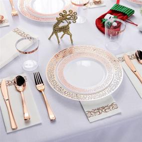 img 3 attached to HAPYCITY 24 Guests Rose Gold Plastic Plates with Disposable Dinnerware 168 Pcs: The Perfect Party Essential for an Impressive Valentine’s Day Dinner