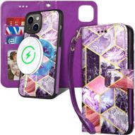 marble purple detachable folio leather wallet case for iphone 13 with rfid blocking, card holder, strap, and magsafe charger compatibility logo