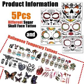 img 3 attached to 🎃 BenRan Day of the Dead Face Tattoos: 10 Sheets Skull Halloween Temporary Tattoo Set for Men, Women, and Kids - Día de Los Muertos Skeleton Fake Face Tattoos Makeup