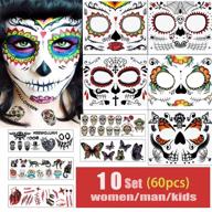 🎃 benran day of the dead face tattoos: 10 sheets skull halloween temporary tattoo set for men, women, and kids - día de los muertos skeleton fake face tattoos makeup logo