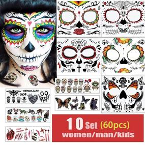 img 4 attached to 🎃 BenRan Day of the Dead Face Tattoos: 10 Sheets Skull Halloween Temporary Tattoo Set for Men, Women, and Kids - Día de Los Muertos Skeleton Fake Face Tattoos Makeup