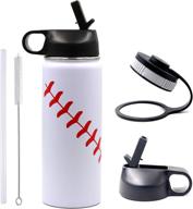 🔥 premium 18 oz baseball water bottle: stainless steel flask with double wall insulation & 2 lids - ideal sports travel tumbler (18oz, white baseball) логотип