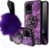 💜 aulzaju samsung s21 ultra case for women girls with ring stand, sparkle glitter marble bling diamond bumper phone case, luxury cute design with pom pom fluffy ball strap lanyard for galaxy s21 ultra - purple logo