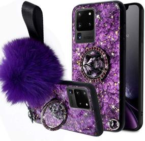 img 4 attached to 💜 Aulzaju Samsung S21 Ultra Case for Women Girls with Ring Stand, Sparkle Glitter Marble Bling Diamond Bumper Phone Case, Luxury Cute Design with Pom Pom Fluffy Ball Strap Lanyard for Galaxy S21 Ultra - Purple