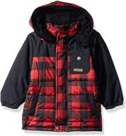 stay warm and stylish with the ixtreme boys' buffalo check puffer jacket logo