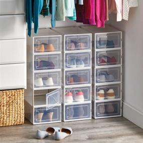 img 2 attached to 📦 mDesign Stackable Plastic Closet Storage Box with Side Opening Panel - Organize Shoes, Booties, Pumps, Sandals, Wedges, Flats, Heels, and Accessories, 12 Pack - White/Clear