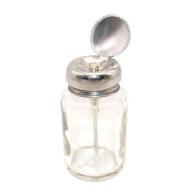 🍾 1 piece, 3.4 ounce thick clear glass dispenser bottle for nail polish remover - empty push down alcohol pump sanitizer container with stainless steel cap and metal core - nail art gel remover holder logo