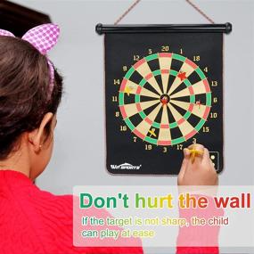 img 1 attached to Win SPORTS Magnetic Dart Board Kids Game with Two Sided Roll Up Dartboard - Indoor Outdoor Game for Kids, 15 Inch Darts Board, Includes 12 Magnetic Safe Darts - Easily Hangs Anywhere