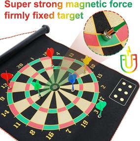 img 3 attached to Win SPORTS Magnetic Dart Board Kids Game with Two Sided Roll Up Dartboard - Indoor Outdoor Game for Kids, 15 Inch Darts Board, Includes 12 Magnetic Safe Darts - Easily Hangs Anywhere