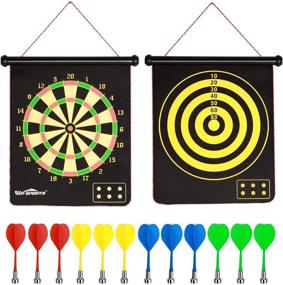 img 4 attached to Win SPORTS Magnetic Dart Board Kids Game with Two Sided Roll Up Dartboard - Indoor Outdoor Game for Kids, 15 Inch Darts Board, Includes 12 Magnetic Safe Darts - Easily Hangs Anywhere