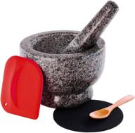 polished exterior granite mortar and pestle set - molcajete - guacamole bowl in stylish grey with efficient grinder and crusher - includes silicone mat & scraper logo