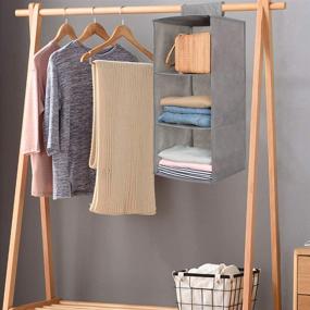 img 3 attached to 👕 Hanging Grey-3 Shelf Closet Organizer: Collapsible Storage for Sweaters, Socks, Clothes, Pants, and Shoes with Hook and Loops