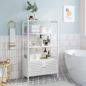 img 2 attached to 🏢 SONGMICS Tall Free-Standing Bathroom Cabinet with 3 Shelves and Double Doors, Linen Tower, Bamboo, White UBCB010W01 - Perfect for Living Room, Kitchen, and More