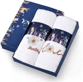 img 4 attached to 🛀 E ENASUE 2 Pack Cotton Embroidered Hand Towels - Soft & Absorbent White Towel Set for Bathroom 13.5 x 29 Inch