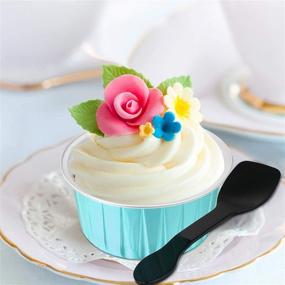 img 1 attached to 🧁 200 Sets of 125ml Muffin Liners Cups with Lids and Spoons, 100 Reusable 5oz Aluminum Foil Cupcake Ramekins, 100 Mini Disposable Spoons for Muffin Pie Desserts Pudding (Cyan)