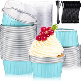 img 4 attached to 🧁 200 Sets of 125ml Muffin Liners Cups with Lids and Spoons, 100 Reusable 5oz Aluminum Foil Cupcake Ramekins, 100 Mini Disposable Spoons for Muffin Pie Desserts Pudding (Cyan)
