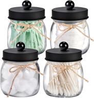 rustic decorative mason jars for bathroom vanity storage - clear glass apothecary jars with stainless steel lid for cotton swabs, rounds, balls, floss picks, hair accessories - pack of 4 (clear/black) logo