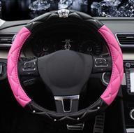 👑 stylish and luxurious baimil crystal crown pu leather dad diamond steering wheel cover - 15 inch, black & rose red logo