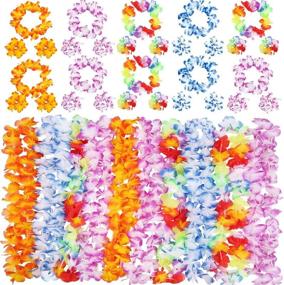 img 4 attached to 🌺 40 Piece INNOCHEER Hawaiian Leis Set - Elastic Flower Necklaces, Headbands, and Wristbands for Luau Party Supplies, Tropical Decorations, Beach and Birthday Party Favors