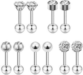 img 4 attached to 🔒 Set of 5 Stainless Steel 18G Barbell Ball Stud Earrings with 4mm CZ - Ideal for Helix and Cartilage Piercings