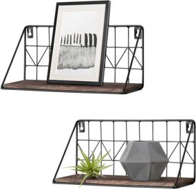 img 4 attached to 🛠️ Rustic Wood Floating Shelves Set of 2 with Metal Wire Basket - Wall Mounted Storage Display Shelf, 11.5 Inches, Small - Ideal for Bedroom, Bathroom, Living Room, Kitchen, Office - Brown