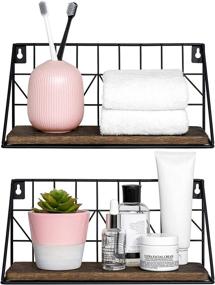 img 3 attached to 🛠️ Rustic Wood Floating Shelves Set of 2 with Metal Wire Basket - Wall Mounted Storage Display Shelf, 11.5 Inches, Small - Ideal for Bedroom, Bathroom, Living Room, Kitchen, Office - Brown
