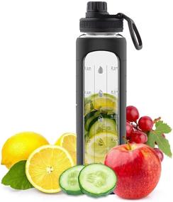 img 3 attached to 32oz Glass Water Bottle with Time Marker - BONUS LID, Motivational Hydration Bottle, Reusable, Wide Mouth, Leakproof, 1L Glass Drinking Bottle, BPA Free with Black Sleeve