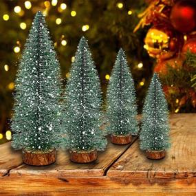 img 2 attached to 🎄 Set of 14 Mini Artificial Christmas Trees - Plastic Sisal Trees with Snow Frost Ornaments, Bottle Brush Trees with Wood Base for Winter Party Home Room Christmas Decoration