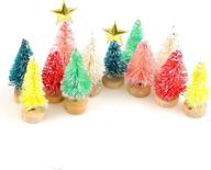 🎄 set of 14 mini artificial christmas trees - plastic sisal trees with snow frost ornaments, bottle brush trees with wood base for winter party home room christmas decoration логотип