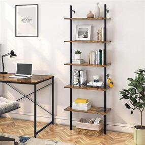 img 2 attached to 📚 Bestier 70" Industrial Wall-Mounted Ladder Shelf: Premium 5 Tier Bookshelf with Storage Organizer, Plant Flower Display Stand, Round Tube Bookcase Rack, 2 Hooks - Rustic Brown for Home Office