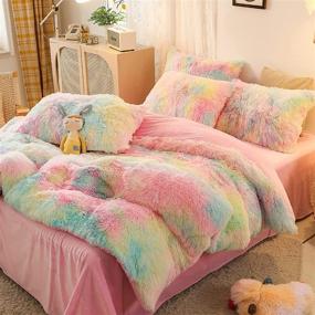 img 4 attached to 🌈 Soft Velvet Shaggy Duvet Cover Queen, Fluffy Faux Fur Bedding Set 5 PCS (1 Fitted Sheet + 1 Plush Duvet Cover + 2 Pillow Covers + 1 Pillow), Rainbow-Colored Fuzzy Comforter Cover Set